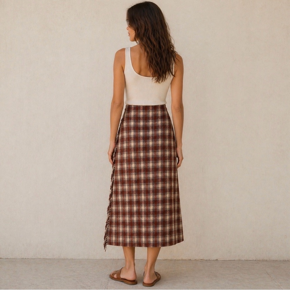 Daniel Hechter Plaid Fringe Wrap Midi Skirt, Brown/Beige, Wool Blend, Size 6 (S) - Picture 2 of 12